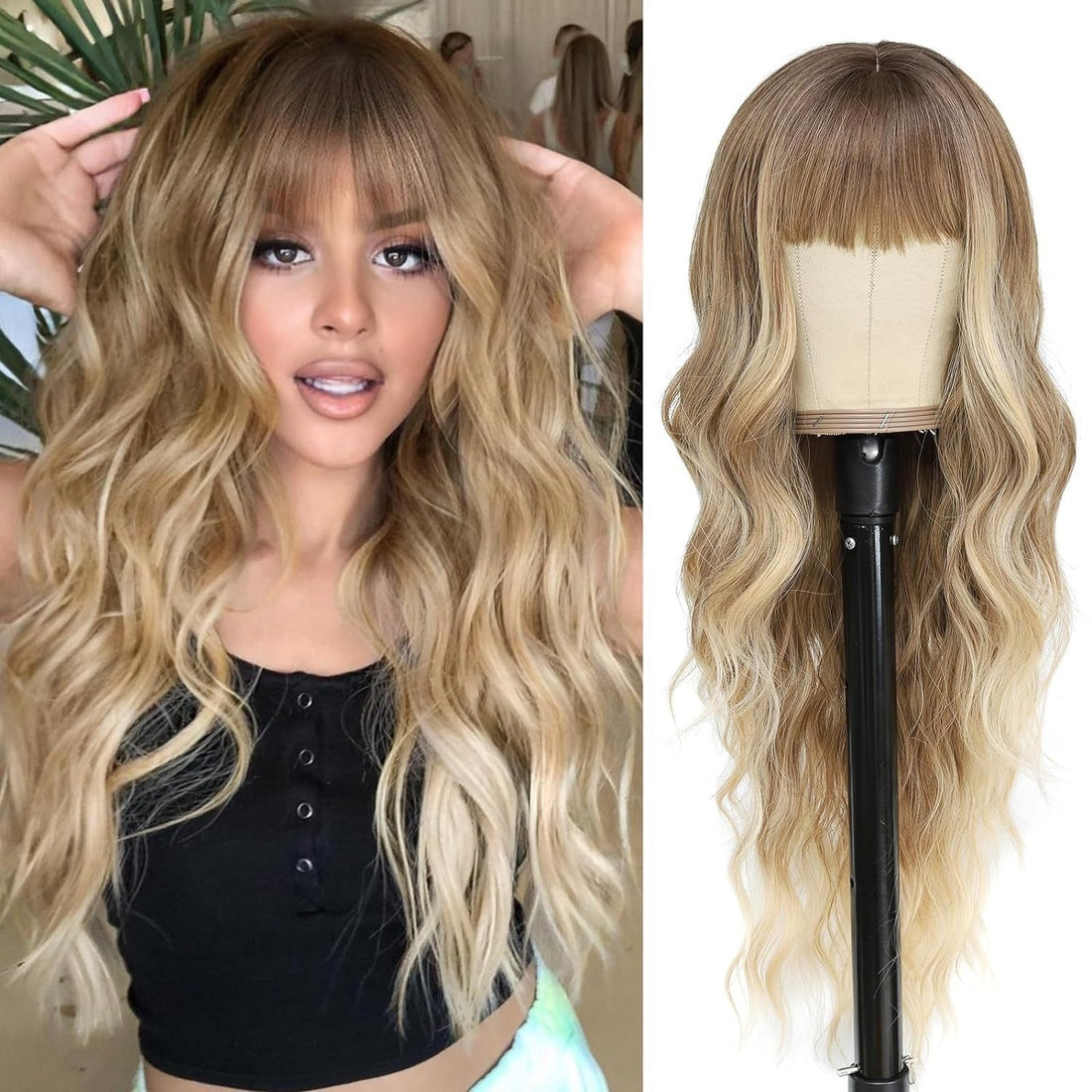 Air Bangs Long Curly Human Hair Wigs