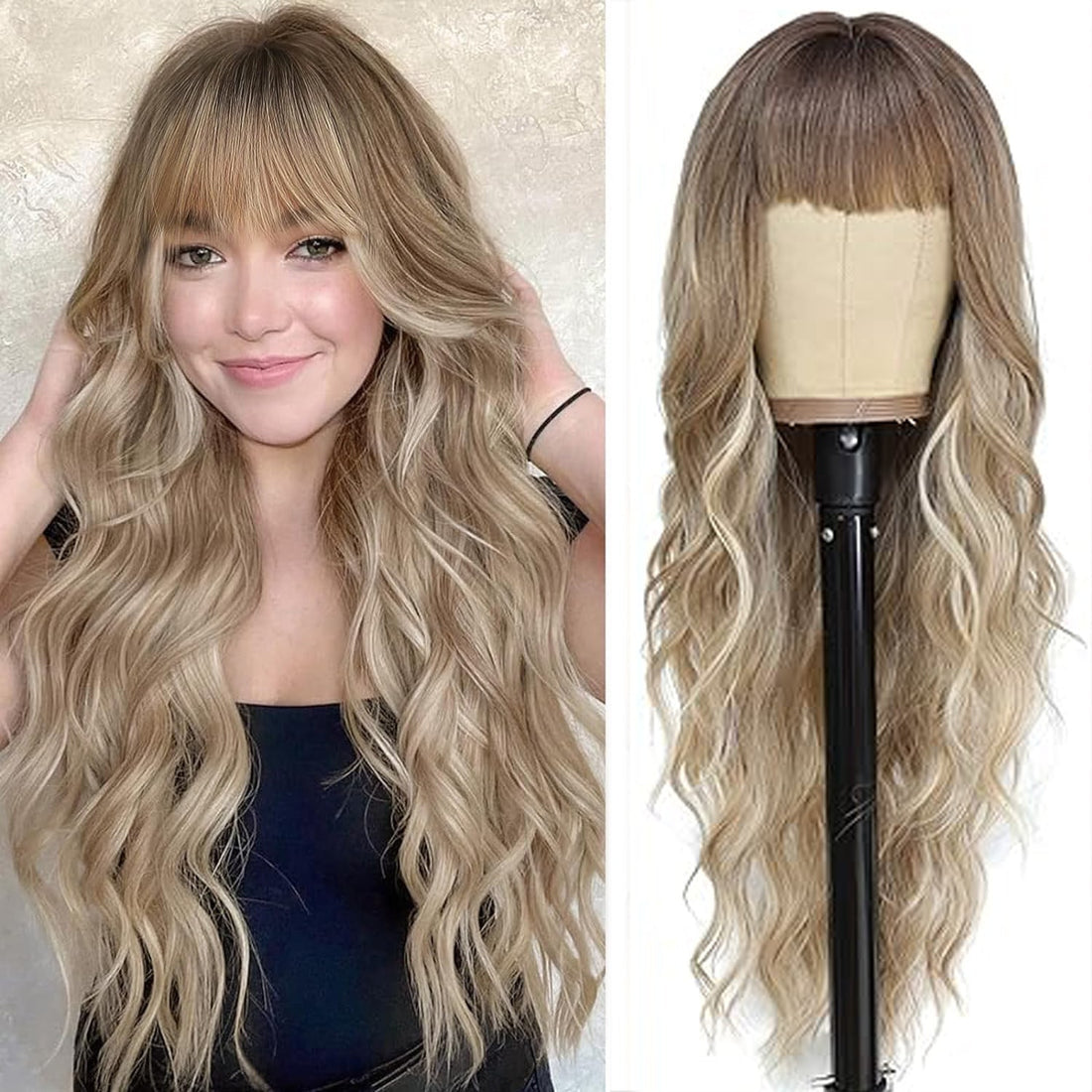 Air Bangs Long Curly Human Hair Wigs