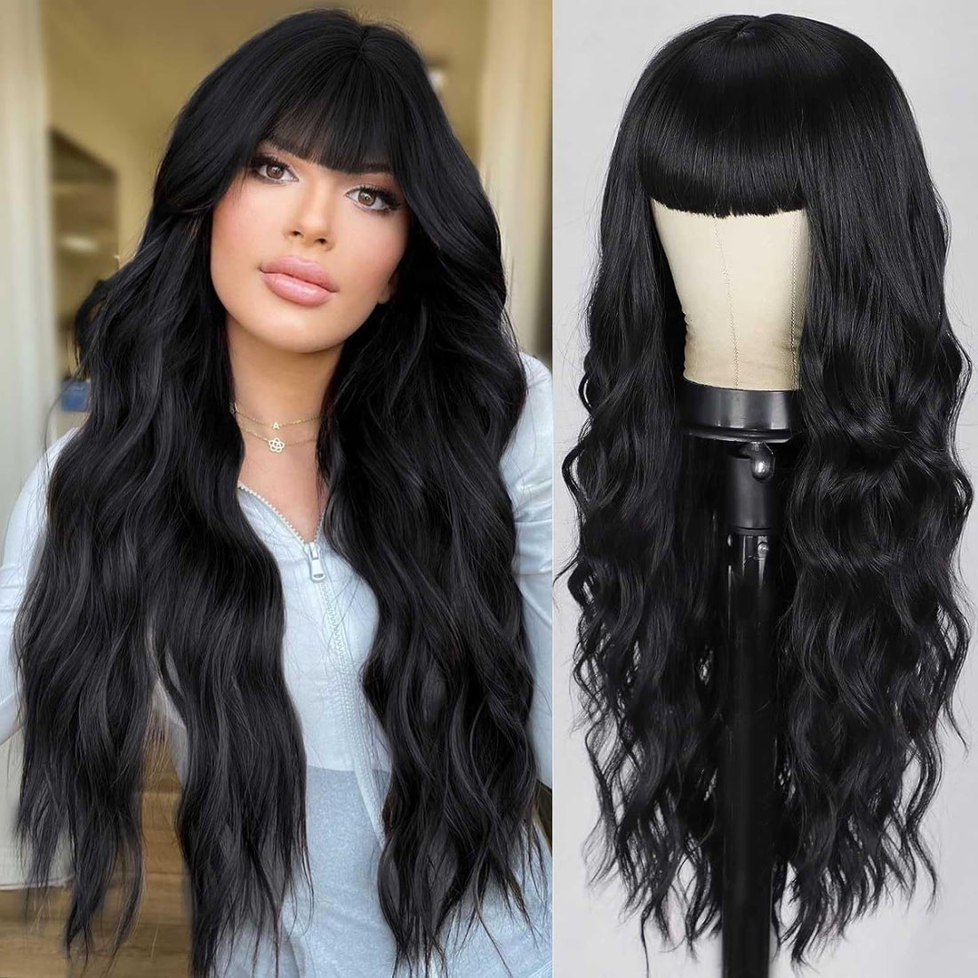 Air Bangs Long Curly Human Hair Wigs