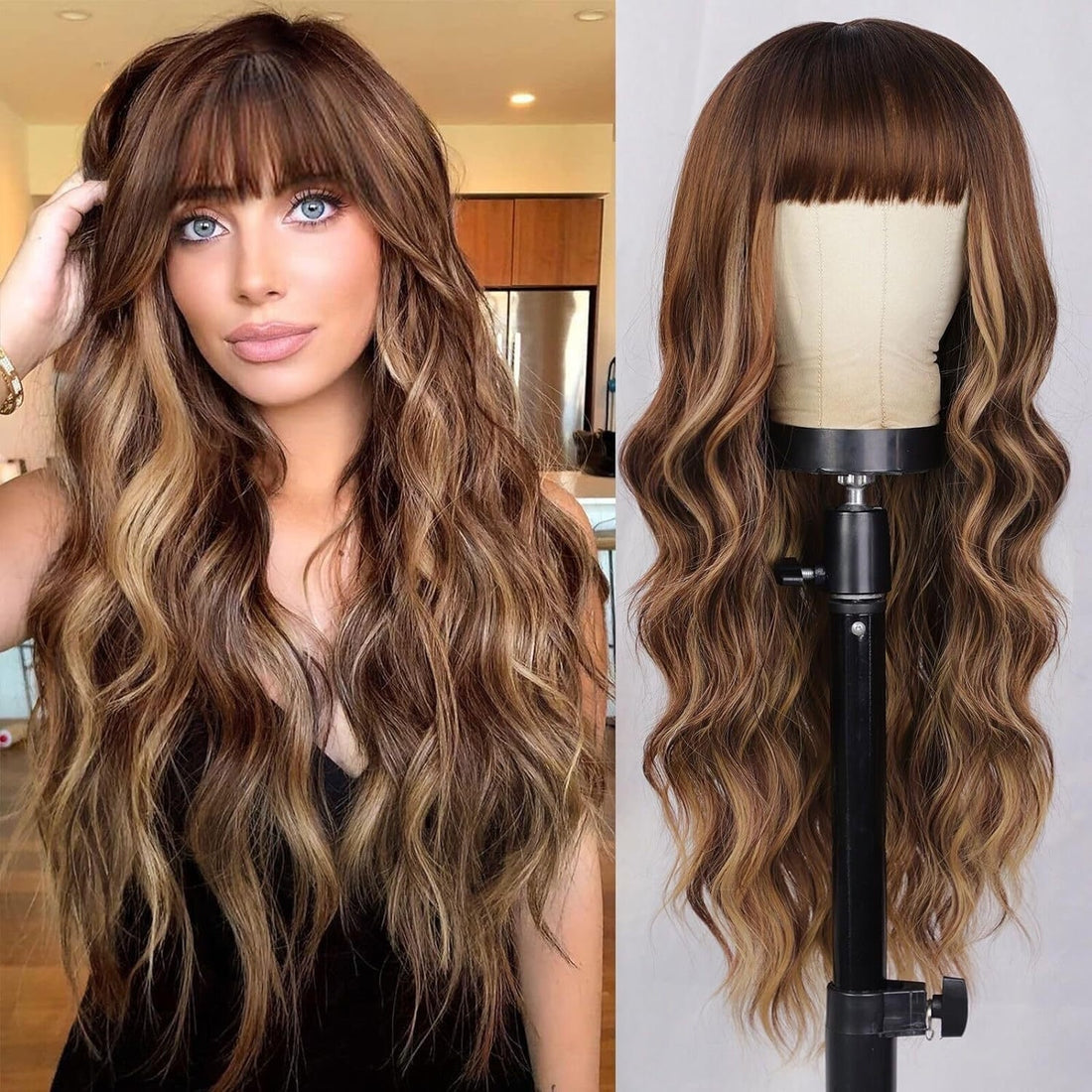 Air Bangs Long Curly Human Hair Wigs